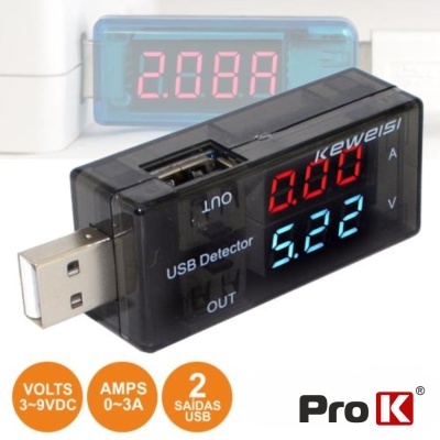 Detetor USB Kewesi preto com ecrã digital e duas saídas USB