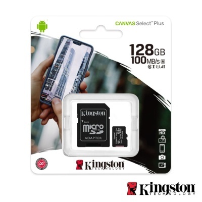 Cartão microSD Kingston Canvas Select Plus 128GB com adaptador em embalagem