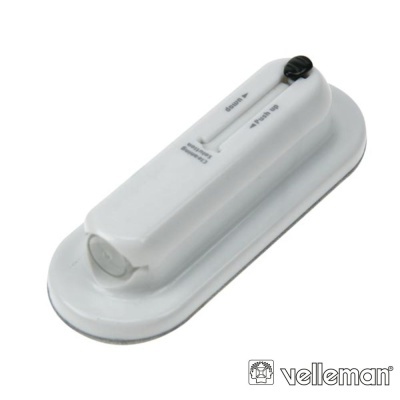 Dispositivo eletrónico branco com base oval e controle deslizante preto Velleman