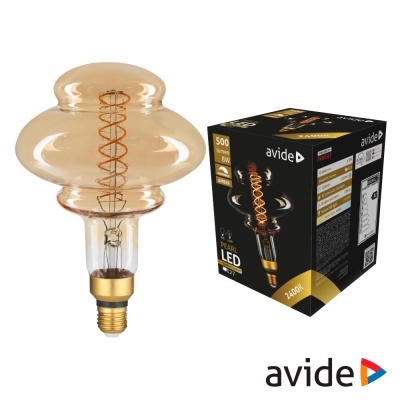 Lâmpada LED âmbar com filamento espiral e embalagem preta da marca Avide