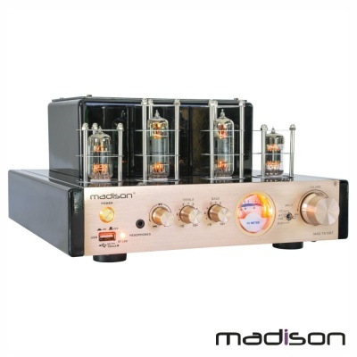 Amplificador de áudio preto e dourado com válvulas expostas e controles frontais