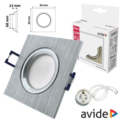 Luz de embutir quadrada cinza claro com aro circular prateado, soquete, cabo e embalagem Avide