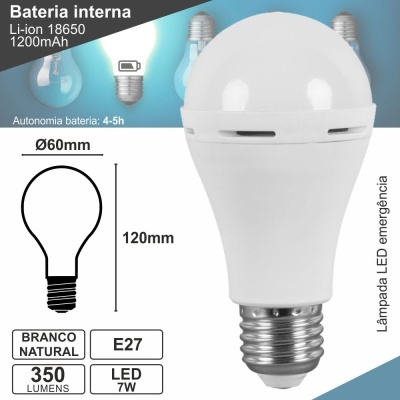 Lâmpada LED branca natural com base E27 e especificações técnicas em fundo azul claro