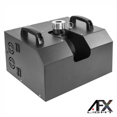 Máquina de fumaça preta com duas pegas e detalhe metálico em fundo branco e logotipo AFX LIGHT