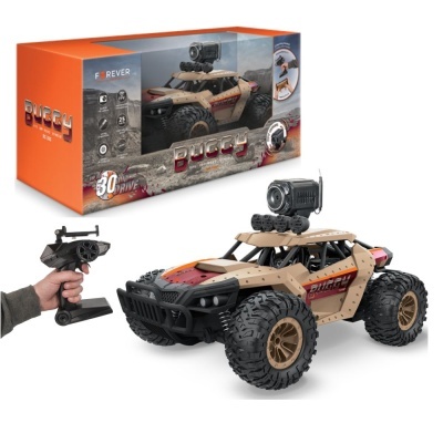 Carro de controlo remoto tipo buggy com câmara e telecomando junto à embalagem