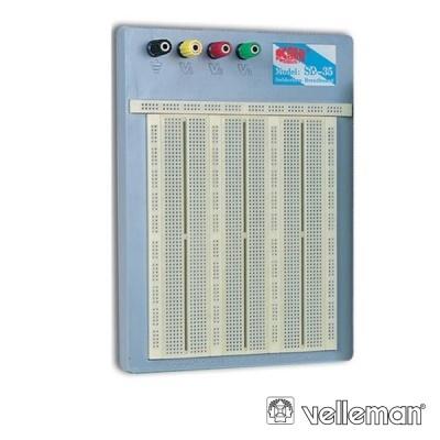 Placa de prototipagem eletrónica com terminais coloridos e etiqueta model BD-35