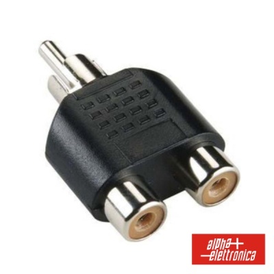 Adaptador de áudio RCA preto com um conector macho e dois conetores fêmea