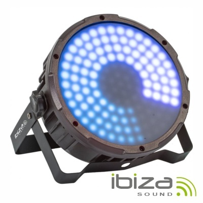 Luz LED circular preta com padrão azul e branco e suporte ajustável
