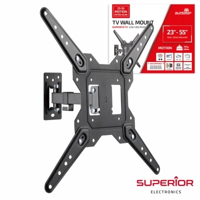 Suporte de parede para TV preto com ajuste de braços e embalagem com texto vermelho e branco