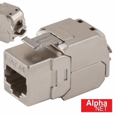 Conector RJ45 metálico cinza prateado com texto CAT 6A e logo Alpha NET