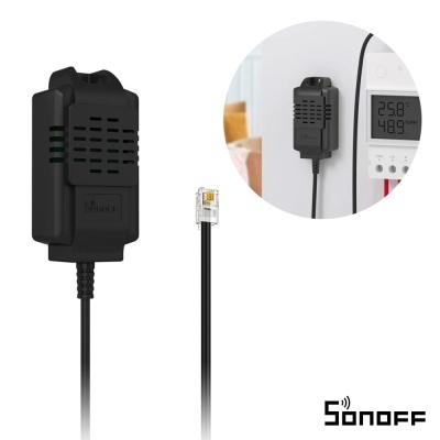 Sensor eletrônico preto da marca Sonoff com cabo e conector RJ11