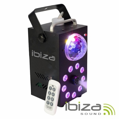 Luz discoteca preta ibiza com LEDs roxos e controlo remoto branco.