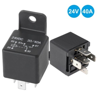 Relé elétrico preto com texto branco 24VDC 30/40A e diagrama elétrico