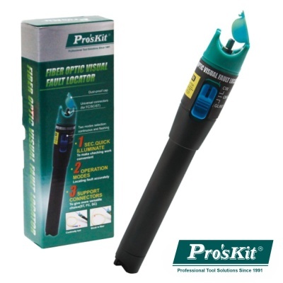 Localizador visual de falhas em fibra ótica Pro'sKit preto com tampa verde ao lado da caixa