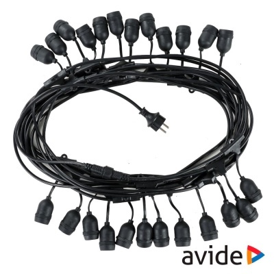 Cordão elétrico preto com 20 soquetes para lâmpadas e plugue com logotipo avide