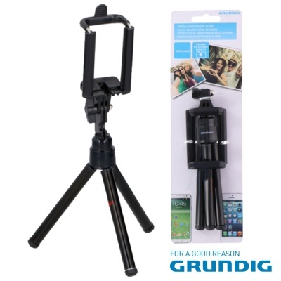 tripé preto para smartphone com suporte ajustável e embalagem da marca GRUNDIG