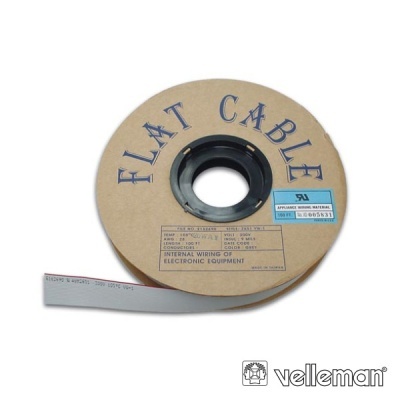 Rolo de cabo plano cinzento da marca Velleman com etiquetas e texto impresso