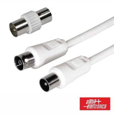 Cabo coaxial branco com conectores metálicos e adaptador, com logótipo alpha elettronica.