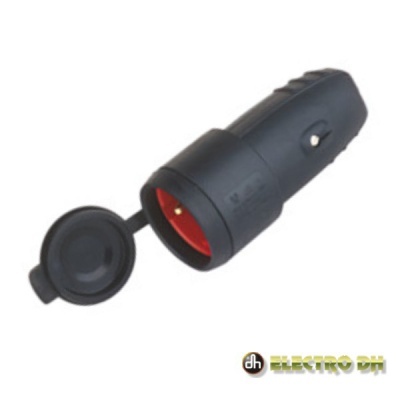 Tomada elétrica industrial preta com tampa vermelha e logotipo ELECTRO DH