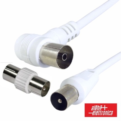 Cabo coaxial branco com conectores metálicos e adaptador com o logotipo alpha elettronica