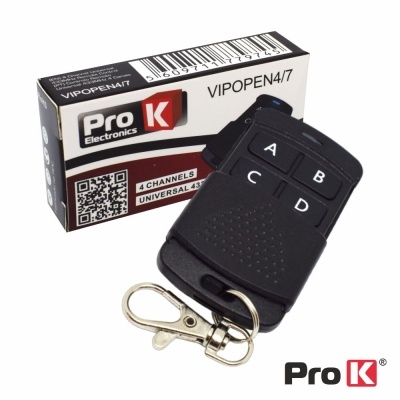 Comando remoto Pro K Electronics preto com 4 botões e chaveiro metálico junto da caixa do produto