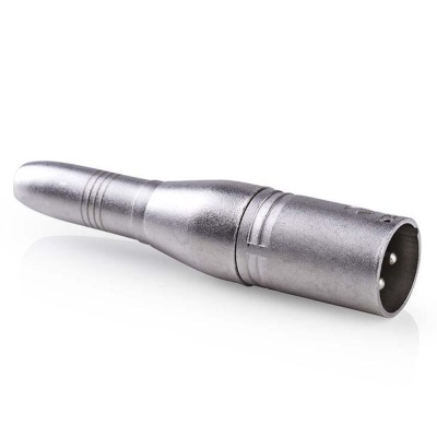 Conector de áudio metálico cinza prateado com pinos na extremidade