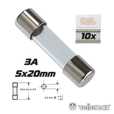 Fusível cilindrico de vidro 3A 5x20mm com embalagem e esquema tecnico
