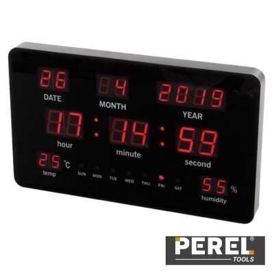 Relógio digital preto com LEDs vermelhos mostrando data, hora, temperatura e humidade, com logotipo PEREL TOOLS