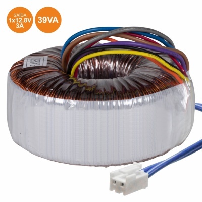 Transformador toroidal com fios coloridos e conector branco