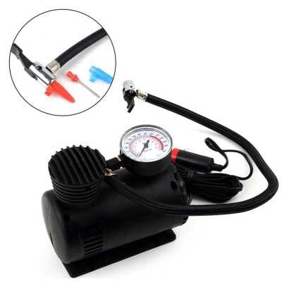 Compressor de ar portátil preto com manómetro e adaptadores coloridos