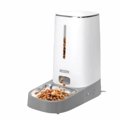 Dispensador automático de ração para animais em plástico branco e cinza com comedouro