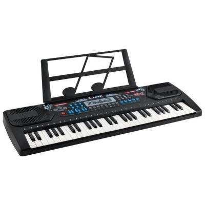 Teclado musical eletrónico preto com suporte para partitura