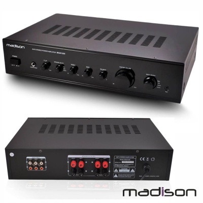 Amplificador de áudio preto madison modelo MAD150X com botões frontais e conexões traseiras