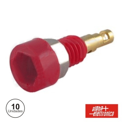 Botão vermelho de plástico e metal com inserção metálica dourada