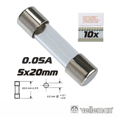 Fusível cilíndrico de vidro 0.05A 5x20mm com embalagem de 10 unidades