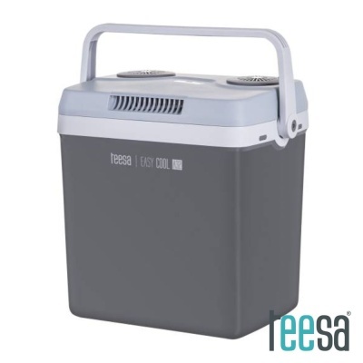 Frigorífico portátil cinza com pega dobrável e ventilação na tampa