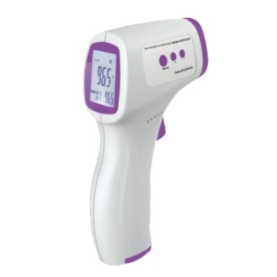 Termómetro digital branco com detalhes roxos e ecrã LCD a mostrar temperatura