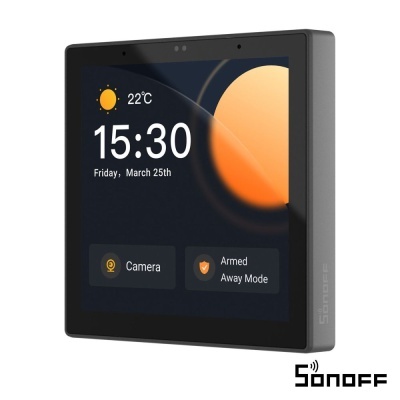 Painel de controlo digital Sonoff com ecrã tátil a cores e dados meteorológicos e de segurança