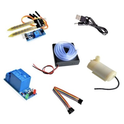 Componentes eletrónicos para sensores e bomba de água em fundo branco