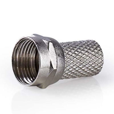 Conector metálico prateado com rosca interna e superfície texturizada