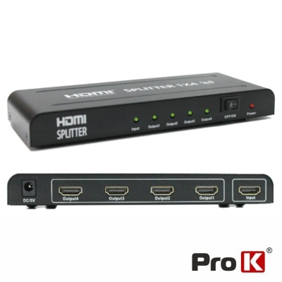 Separador HDMI preto Pro K com quatro saídas e uma entrada, LED indicadores e botão ON/OFF