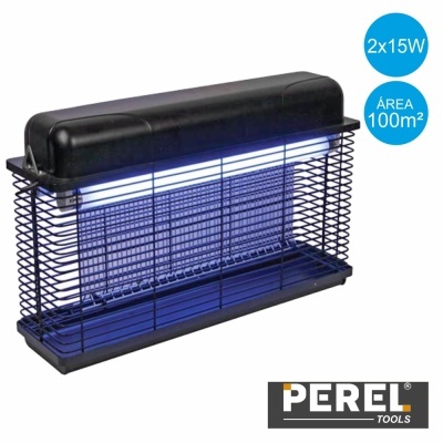 Armadilha elétrica para insetos preta com luz UV azul e etiquetas 2x15W e ÁREA 100m²