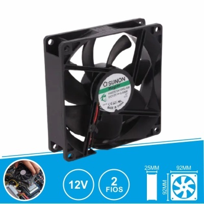 Ventoinha de computador preta SUNON 12V de 92x92x25 mm com 2 fios