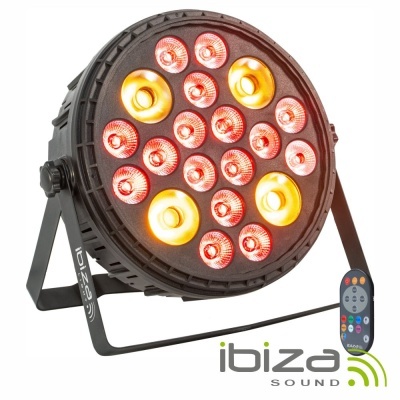 Luz de palco redonda com LEDs vermelhos e amarelos, suporte metálico e comando remoto
