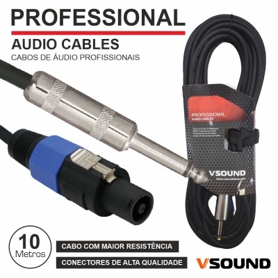 Cabo de áudio profissional VSOUND preto com conectores metálicos e embalagem com etiqueta preta e vermelha