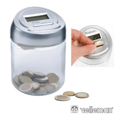 Pote transparente com tampa metálica e visor digital para contar moedas