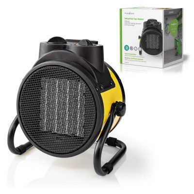 Aparelho de aquecimento industrial amarelo e preto com caixa ao fundo