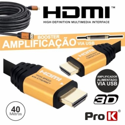 Cabo HDMI preto e dourado com texto e indicação de 40 metros