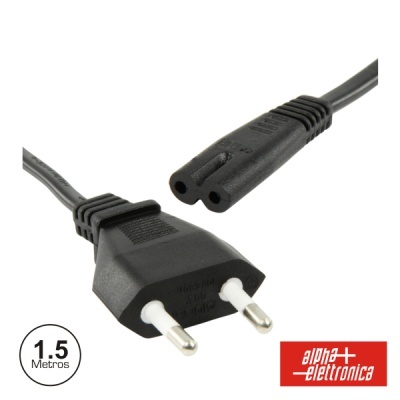 Cabo elétrico preto com ficha macho e tomada fêmea de dois pinos redondos