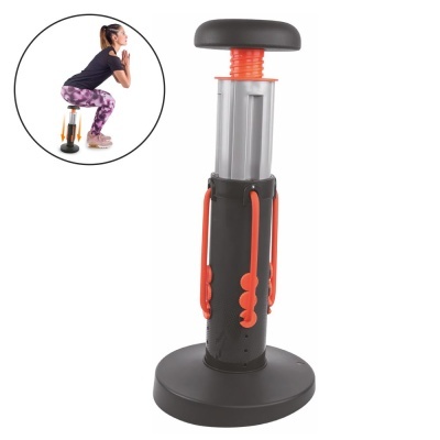 Aparelho de fitness vertical com base preta e detalhes vermelhos para exercícios de resistência
